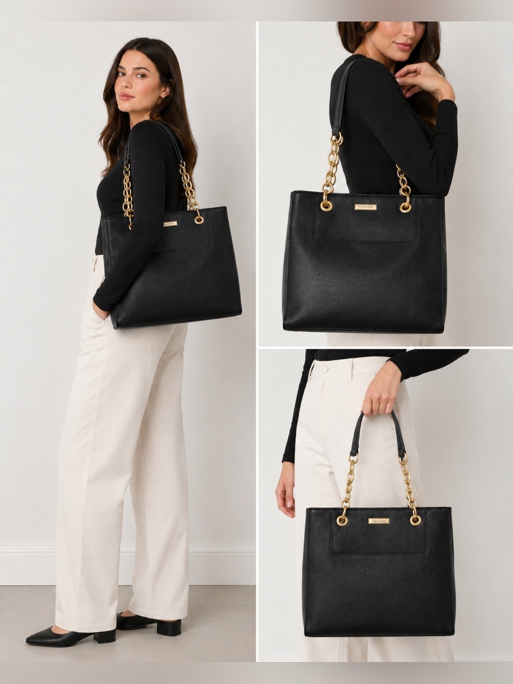Tahari Black Tote with Gold Chain Handless